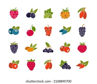 Berries with leaves, color silhouette icons set. Simple vector contour of blueberry, blackberry, cranberry, lingonberry, currant, gooseberry, goji. Hand drawn isolated collection on white background