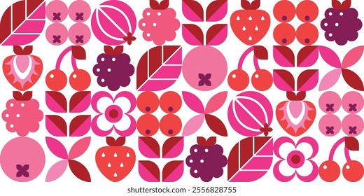 Berries, leaves and flowers. Abstract geometric seamless pattern. Decorative floral background. Simple icons in flat style. Elements isolated on white background. Organic food. Vector illustration.