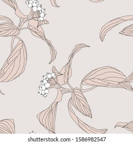 Berries and leaves in gentile neutral shades. Seamless vector pattern.