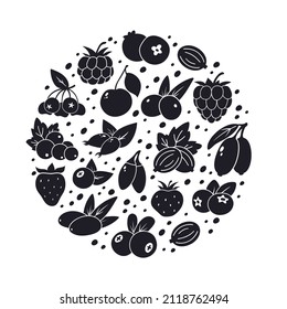 Berries con hojas, ilustración redonda. Cerezo, arándano, moras, arándanos, arándanos, arándanos, grosella. Iconos vectoriales de contorno en fondo blanco