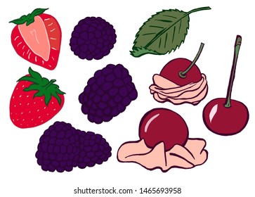 Berries and leaves hand drawn flat illustrations set.  Cherry, strawberry, blackberry. Berries cartoon doodle drawings. Design elements