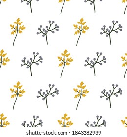 Berries and leaves seamless pattern. Hand-drawn plants on a white background, vector illustration.