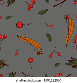 Berries and leaves seamless pattern on gray background