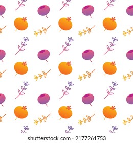 Berries y hojas patrón vectorial sin fisuras. Ilustración con elementos aislados en gradiente rosa y naranja. Diseño de papel tapiz para textiles, tejidos, decoración de envoltura y otros gráficos