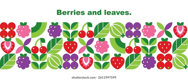 Berries and leaves set.Abstract geometric design.Simple icons in flat style.Elements isolated on white background.Seamless border.Vector illustration.