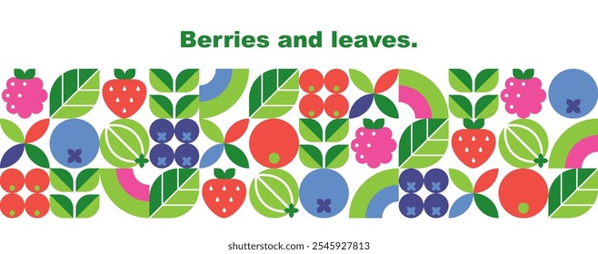 Berries e folhas set.Strawberry, framboesa, groselha espinhosa, blueberry.Abstract design geométrico.Ícones simples em estilo plano.Elementos isolados em fundo branco.Borda sem costura.Vetor ilustração.