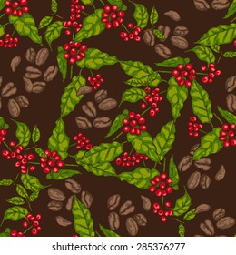 Berries, leaves, shoots and grains of coffee -seamless pattern, line art.