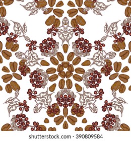 Berries, leaves, shoots and grains of coffee -seamless pattern, line art.