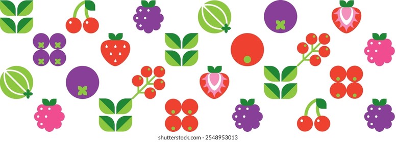 Berries and leaves.Seamless pattern with strawberries, raspberries, cherries, blueberries.Abstract geometric elements isolated on white background.Set of simple icons in flat style.Vector illustration