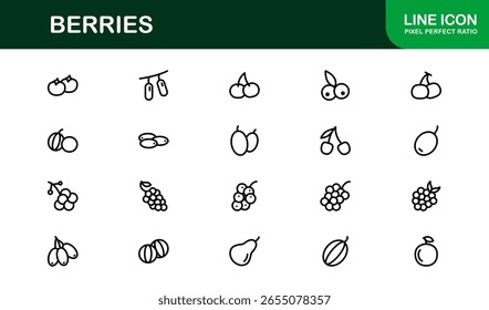 Conjunto de ícones de linha de bagas - Ilustrações de frutas modernas, mínimas e profissionais com morangos, mirtilos, framboesas e elementos de frutos orgânicos