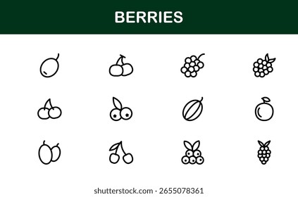 Conjunto de ícones de linha de bagas - Ilustrações de frutas modernas, mínimas e profissionais com morangos, mirtilos, framboesas e elementos de frutos orgânicos