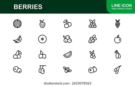 Conjunto de ícones de linha de bagas - Ilustrações de frutas modernas, mínimas e profissionais com morangos, mirtilos, framboesas e elementos de frutos orgânicos