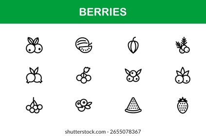 Conjunto de ícones de linha de bagas - Ilustrações de frutas modernas, mínimas e profissionais com morangos, mirtilos, framboesas e elementos de frutos orgânicos