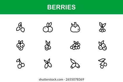 Conjunto de ícones de linha de bagas - Ilustrações de frutas modernas, mínimas e profissionais com morangos, mirtilos, framboesas e elementos de frutos orgânicos