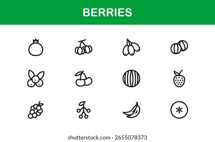 Conjunto de ícones de linha de bagas - Ilustrações de frutas modernas, mínimas e profissionais com morangos, mirtilos, framboesas e elementos de frutos orgânicos