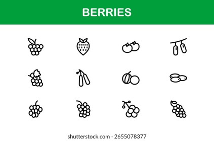 Conjunto de ícones de linha de bagas - Ilustrações de frutas modernas, mínimas e profissionais com morangos, mirtilos, framboesas e elementos de frutos orgânicos