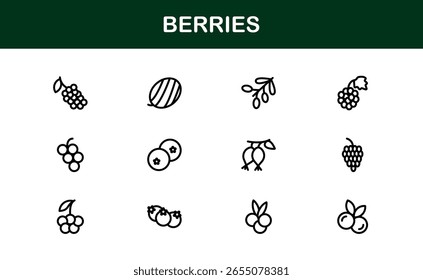 Conjunto de ícones de linha de bagas - Ilustrações de frutas modernas, mínimas e profissionais com morangos, mirtilos, framboesas e elementos de frutos orgânicos