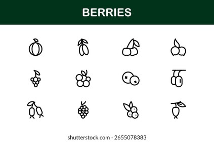 Conjunto de ícones de linha de bagas - Ilustrações de frutas modernas, mínimas e profissionais com morangos, mirtilos, framboesas e elementos de frutos orgânicos