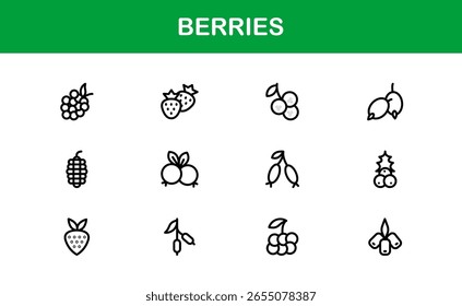 Berries Line Icon Set – Modern, minimal, and professional fruit illustrations featuring strawberries, blueberries, raspberries, and organic berry elements