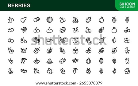 Berries Line Icon Set – Modern, minimal, and professional fruit illustrations featuring strawberries, blueberries, raspberries, and organic berry elements
