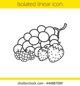 Berries linear icon. Strawberry, raspberry and bunch of grapes. Thin line illustration. Contour symbol. Vector isolated outline drawing