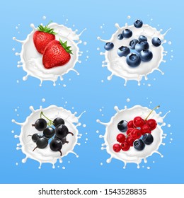 Berries in milk splash. Currants, strawberry, blueberries, bog whortleberry on blue background.