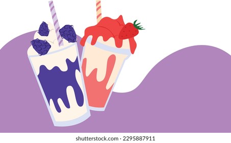 Berries milkshake banner. Strawberry and mulberry cocktail. Summer cold drinks 