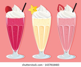 berries milkshakes cocktails set vector illustration strawberry raspberry vanilla