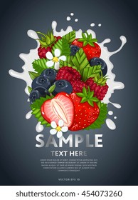 Berries mix composition in milk splash vector illustration