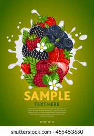 Berries mix composition in milk splash vector illustration