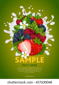 Berries mix composition in milk splash vector illustration