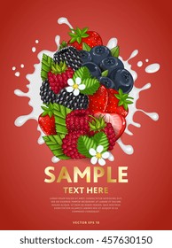 Berries mix composition in milk splash vector illustration