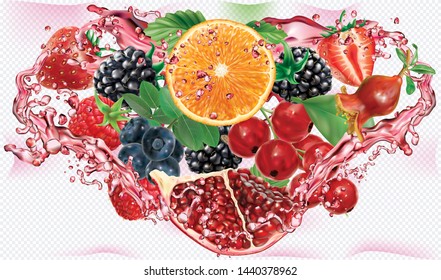 Berries mix into of burst splashes of juices on white background in triangular composition. Orange, pomegranate, strawberry, raspberry, blackberry, blueberry, red currant. Vector mesh illustration