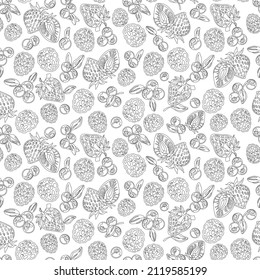 Berries mix, lines pattern background, seamless. Black outline on white.