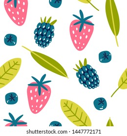 Berries mix seamless pattern. Blackberries, strawberries, blueberries. Vector illustration