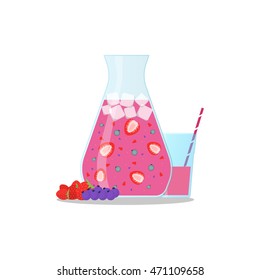 Berries mix smoothie vector illustration. Smoothie in a jug and a glass with a straw Wellness and healthy lifestyle.