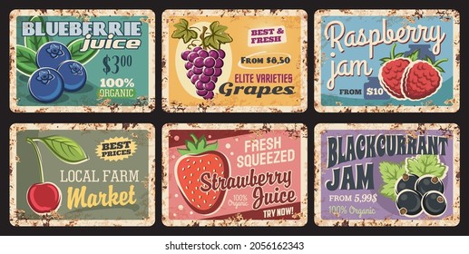Berries, natural organic on retro rusty plates, fruits farm market vector vintage posters. Farm garden strawberry berries juice and raspberry or black currant jam, blueberry and cherry fresh drinks