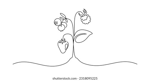 Beeren auf Pflanzen in einer durchgehenden Linienzeichnung. Früchte und Erdbeeren im einfachen linearen Stil. Etikett für Konfitüre und Jogurt-Banner in bearbeitbarem Schlaganfall. Doodle-Vektorgrafik