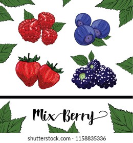 Berries on a white background decorated with leaves.