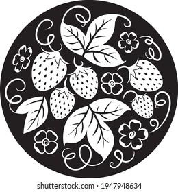 Berries in the ornament. Russian style. Vector pattern in a circle. Patterns of flowers and leaves on a dark background. Plant ornament.