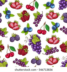 Berries pattern. Fruits sketch of fresh strawberry and raspberry, blueberry, blackberry, cherry and blackcurrant and grape bunch. Vector seamless background. Farm and forest berries harvesting