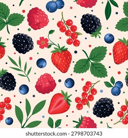 Berries pattern. Seamless vector pattern strawberries, raspberries, blueberries, blackberries, currants, blackcurrants. Fresh summer fruit design background for packaging, fabric, wrapping, textiles