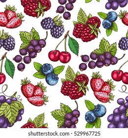 Berries pattern. Vector seamless background of sketch berry grape bunch, strawberry and raspberry, blueberry, blackberry, cherry and black currant.