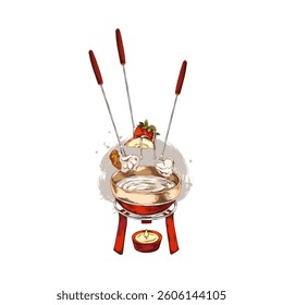 Berries and pieces of fruit, marshmallow heart shape on the skewer with melted white chocolate, cream cheese hand drawn vector illustration. Candle with fondue bowl on a stand sketch. Dessert dish
