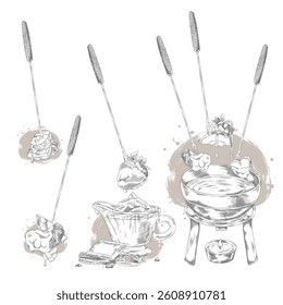Berries and pieces of fruit with melted chocolate, dripping cream cheese on the skewer engraved hand drawn vector illustration set. Candle with fondue bowl on a stand sketch. Sweet snack, dessert dish