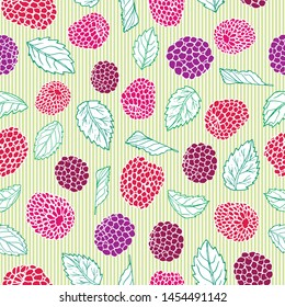 Berries and pinstripes seamless pattern background design. Summer fruit berry print. Vector