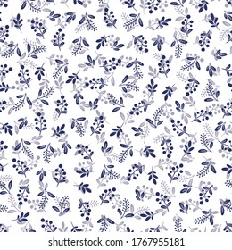 Berries and plants monochrome seamless pattern