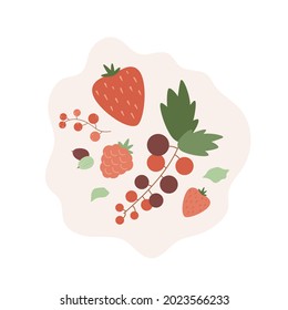 Berries print. Strawberry, currant with leaves, raspberries, gooseberries on an abstract shape. Summer vector illustration.