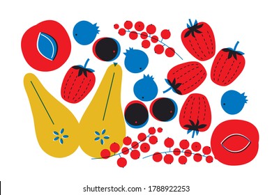 Vector de conjunto fresco de frutas. Forma de verano se imprimen frutos. Fresas melocotones de pera corranas vectorial arte moderno