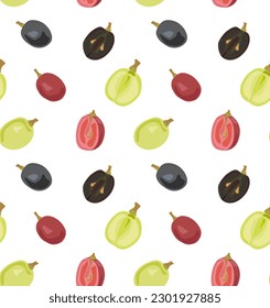 Berries of red, green and black grapes whole and cut in half. Seamless pattern in vector. Suitable for backgrounds and prints.